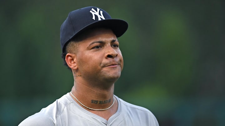 Jul 29, 2024; Philadelphia, Pennsylvania, USA; New York Yankees pitcher Luis Gil (81) against the Philadelphia Phillies at Citizens Bank Park. Mandatory Credit: Eric Hartline-Imagn Images