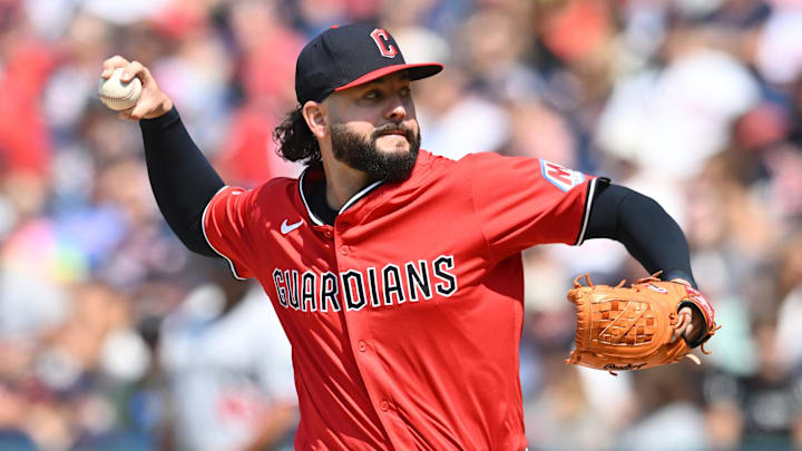 Aug 3, 2025; Cleveland, Ohio, USA; Cleveland Guardians relief pitcher Jakob Junis (16) throws a pitch during the eighth inning against the Minnesota Twins at Progressive Field. 