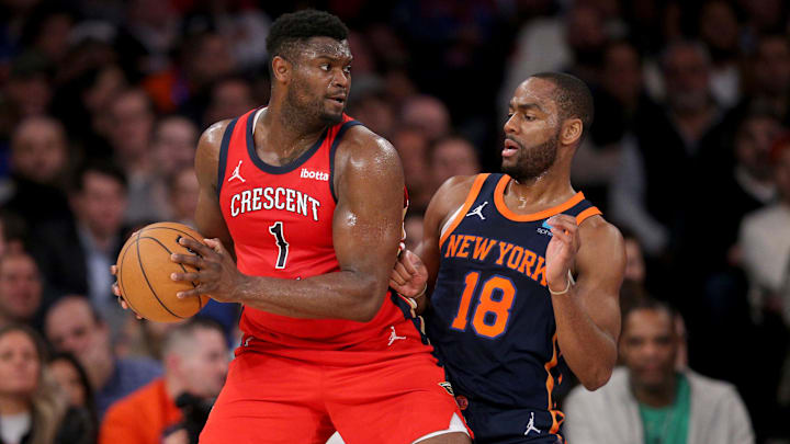 New Orleans Pelicans forward Zion Williamson (1) controls the ball against New York Knicks guard Alec Burks (18) during the second quarter at Madison Square Garden. Mandatory Credit: Brad Penner-Imagn Images New Orleans Pelicans forward Zion Williamson (1) controls the ball against New York Knicks guard Alec Burks (18) during the second quarter at Madison Square Garden. Mandatory Credit: Brad Penner-Imagn Images