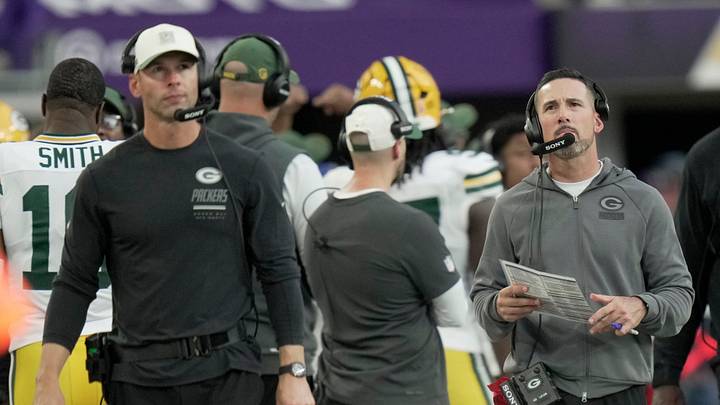 Green Bay Packers head coach Matt LaFleur, right, and defensive coordinator Jonathan Gannon are shown during the fourth quarter of their game Sunday, Sept. 13, 2026 at U.S. Bank Stadium in Minneapolis, Minnesota. The Minnesota Vikings beat the Green Bay Packers 39-22.