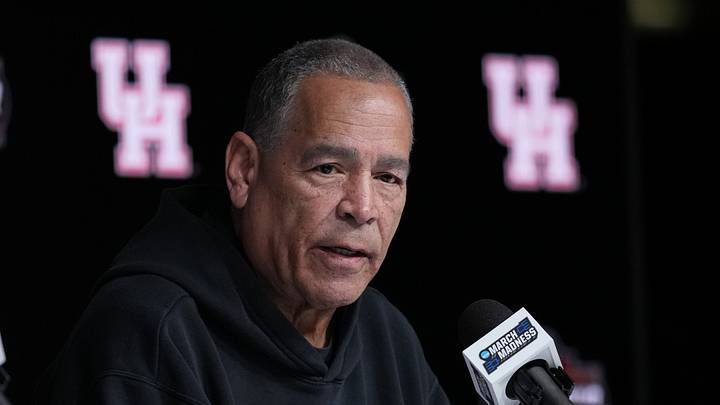 Apr 6, 2025; San Antonio, TX, USA; Houston head coach Kelvin Sampson talks to the media at the Alamodome. Mandatory Credit: Robert Deutsch-Imagn Images