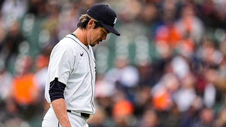 Detroit Tigers pitcher Kenta Maeda (18) walks off the mound for a pitching change against Chicago White Sox during the ninth inning of home opening day at Comerica Park in Detroit on Friday, April 4, 2025.
