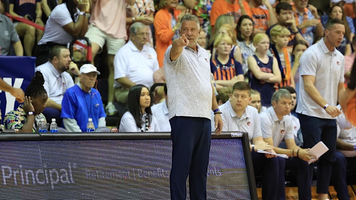 Nov 27, 2024; Lahaina, Hawaii, USA;  Auburn Tigers head coach Bruce Pearl reacts to play as his team takes on the Memphis Tigers in the first half at Lahaina Civic Center. Mandatory Credit: Marco Garcia-Imagn Images