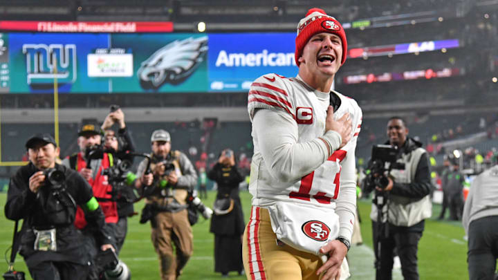 Dec 3, 2023; Philadelphia, Pennsylvania, USA; San Francisco 49ers quarterback Brock Purdy (13) walks