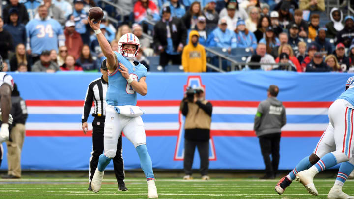 Dec 17, 2023; Nashville, Tennessee, USA; Tennessee Titans quarterback Will Levis (8) throws against the Houston Texans during the first half at Nissan Stadium. Mandatory Credit: Christopher Hanewinckel-USA TODAY Sports