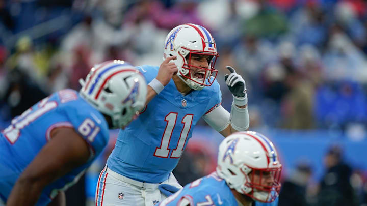 Tennessee Titans quarterback Mason Rudolph (11) barks out a play during the second quarter against the Houston Texans at Nissan Stadium in Nashville, Tenn., Sunday, Jan. 5, 2025.