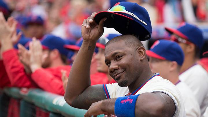 Philadelphia Phillies first baseman Ryan Howard (6) tips his hat to the fans as he is honored during a pregame ceremony.