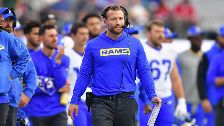 Sep 22, 2024; Inglewood, California, USA; Los Angeles Rams head coach Sean McVay watches game action against the San Francisco 49ers during the second half at SoFi Stadium. Mandatory Credit: Gary A. Vasquez-Imagn Images Sep 22, 2024; Inglewood, California, USA; Los Angeles Rams head coach Sean McVay watches game action against the San Francisco 49ers during the second half at SoFi Stadium. Mandatory Credit: Gary A. Vasquez-Imagn Images