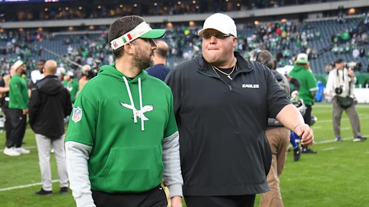Dec 29, 2024; Philadelphia, Pennsylvania, USA; Philadelphia Eagles head coach Nick Sirianni and chief security officer Dom DiSandro after win against the Dallas Cowboys at Lincoln Financial Field. Mandatory Credit: Eric Hartline-Imagn Images