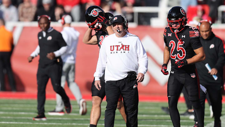 Nov 22, 2025; Salt Lake City, Utah, USA; Utah Utes head coach Kyle Whittingham checks the clock during the first half of the game against the Kansas State Wildcats at Rice-Eccles Stadium. Mandatory Credit: Rob Gray-Imagn Images Nov 22, 2025; Salt Lake City, Utah, USA; Utah Utes head coach Kyle Whittingham checks the clock during the first half of the game against the Kansas State Wildcats at Rice-Eccles Stadium. Mandatory Credit: Rob Gray-Imagn Images