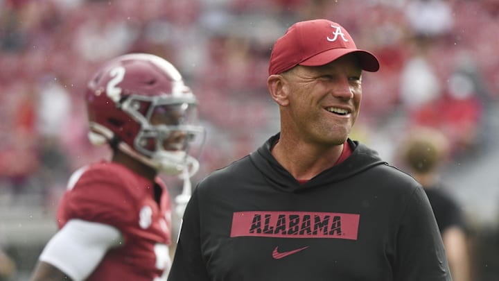 Aug 31, 2024; Tuscaloosa, Alabama, USA;  Alabama Crimson Tide head coach Kalen DeBoer watches his team warm up before a game against the Western Kentucky Hilltoppers at Bryant-Denny Stadium. The game will be the first with DeBoer as head coach of the Crimson Tide. Mandatory Credit: Gary Cosby Jr.-Imagn Images