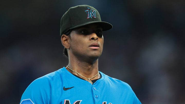 Aug 3, 2025; Miami, Florida, USA; Miami Marlins starting pitcher Edward Cabrera (27) looks on against the New York Yankees during the first inning at loanDepot Park. Mandatory Credit: Sam Navarro-Imagn Images