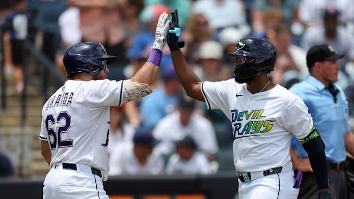 Tampa Bay Rays third baseman Junior Caminero (13) celebrates with first baseman Jonathan Aranda (62) after hitting a home run against the Detroit Tigers in the fourth inning at George M. Steinbrenner Field. Nathan Ray Seebeck-Imagn Images Tampa Bay Rays third baseman Junior Caminero (13) celebrates with first baseman Jonathan Aranda (62) after hitting a home run against the Detroit Tigers in the fourth inning at George M. Steinbrenner Field. Nathan Ray Seebeck-Imagn Images