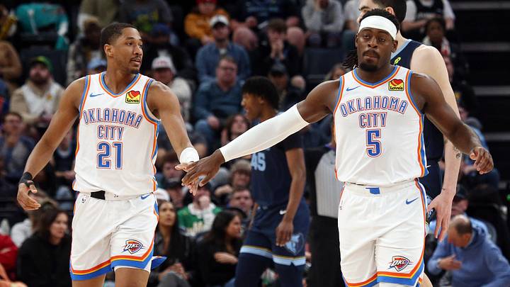 Mar 5, 2025; Memphis, Tennessee, USA; Oklahoma City Thunder guard Aaron Wiggins (21) reacts with guard Luguentz Dort (5) during the fourth quarter against the Memphis Grizzlies at FedExForum. Mandatory Credit: Petre Thomas-Imagn Images Mar 5, 2025; Memphis, Tennessee, USA; Oklahoma City Thunder guard Aaron Wiggins (21) reacts with guard Luguentz Dort (5) during the fourth quarter against the Memphis Grizzlies at FedExForum. Mandatory Credit: Petre Thomas-Imagn Images