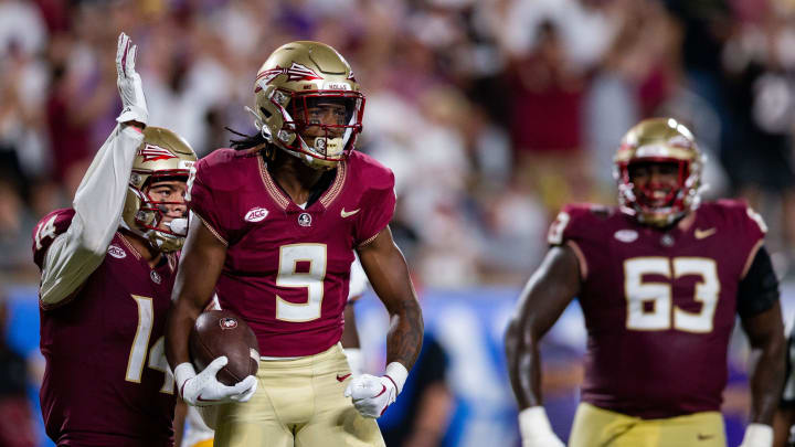 Sep 5, 2023; Orlando, Florida, USA; Florida State Seminoles running back Lawrance Toafili (9) celebrates a first down during a game against the LSU Tigers at Camping World Stadium on Sunday, Sept. 3, 2023. Mandatory Credit: Alicia Devine-USA TODAY Sports
