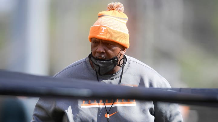Defensive line coach Rodney Garner is seen on the field during Tennessee Vol spring football