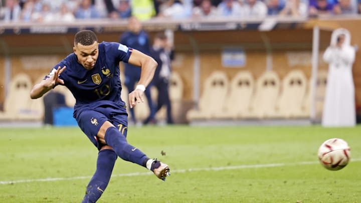Dec 18, 2022; Lusail, Qatar; France forward Kylian Mbappe (10) shoots the ball during a penalty shootout in the 2022 World Cup final at Lusail Stadium. Mandatory Credit: Yukihito Taguchi-Imagn Images Dec 18, 2022; Lusail, Qatar; France forward Kylian Mbappe (10) shoots the ball during a penalty shootout in the 2022 World Cup final at Lusail Stadium. Mandatory Credit: Yukihito Taguchi-Imagn Images