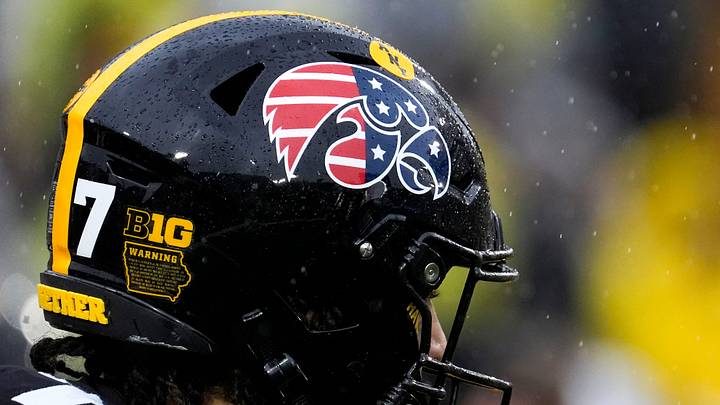 The Iowa Hawkeyes wore helmets featuring the American Flag over their usual logo Nov. 8, 2025 during a Big Ten Football game against the Oregon Ducks ahead of Veterans Day at Kinnick Stadium in Iowa City, Iowa. The Iowa Hawkeyes wore helmets featuring the American Flag over their usual logo Nov. 8, 2025 during a Big Ten Football game against the Oregon Ducks ahead of Veterans Day at Kinnick Stadium in Iowa City, Iowa.