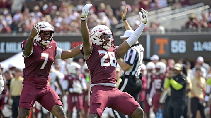 Sep 20, 2025; Tallahassee, Florida, USA; Florida State Seminoles linebacker Justin Cryer (28) celebrates a defensive stop during the first half against the Kent State Golden Flashes at Doak S. Campbell Stadium. Mandatory Credit: Melina Myers-Imagn Images