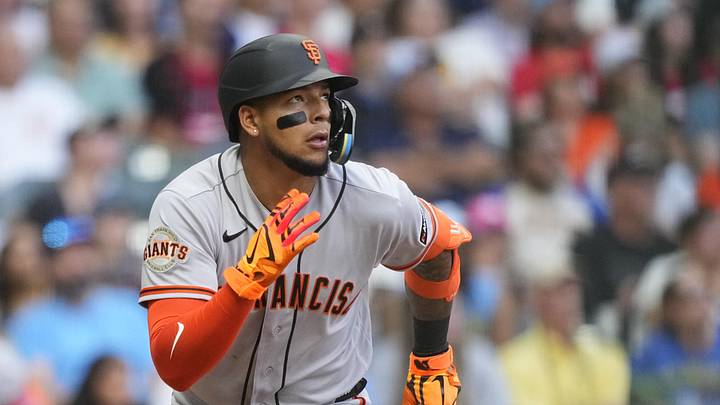 Milwaukee, Wisconsin, USA;  San Francisco Giants right fielder Victor Bericoto (78) watches his home run during the fifth inning against the Milwaukee Brewers at American Family Field. Mandatory Credit: Jeff Hanisch-Imagn Images