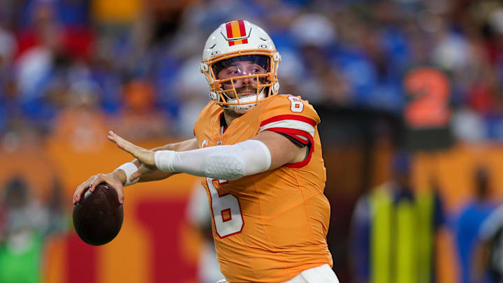 Oct 15, 2023; Tampa, Florida, USA;  Tampa Bay Buccaneers quarterback Baker Mayfield (6) drops back