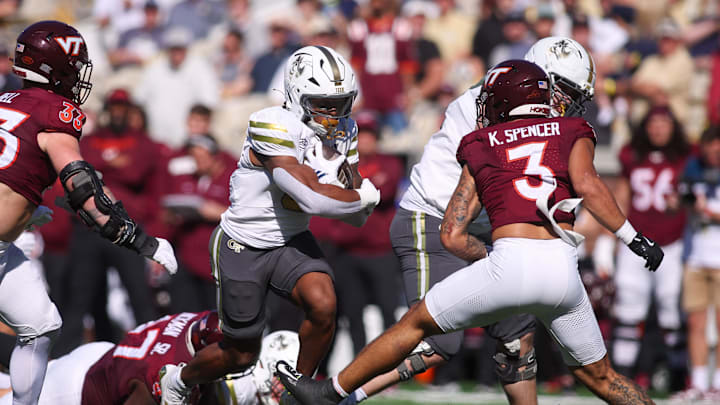 Oct 11, 2025; Atlanta, Ga.; Georgia Tech running back Malachi Hosley (0) runs the ball against Virginia Tech.