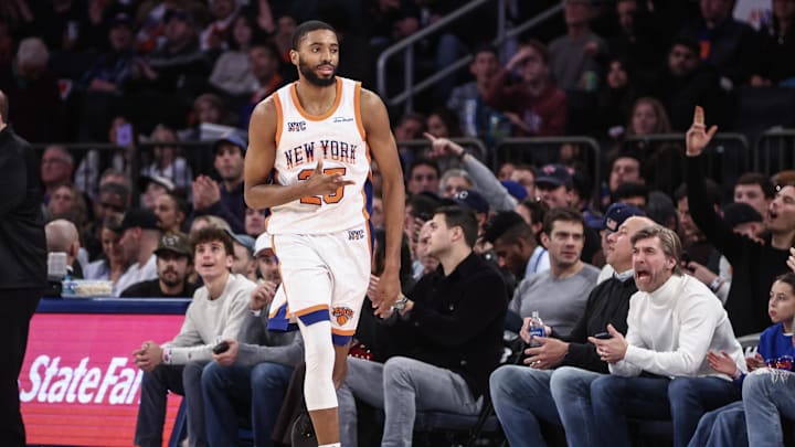 Dec 1, 2024; New York, New York, USA;  New York Knicks forward Mikal Bridges (25) celebrates after scoring in the fourth quarter against the New Orleans Pelicans at Madison Square Garden. Mandatory Credit: Wendell Cruz-Imagn Images