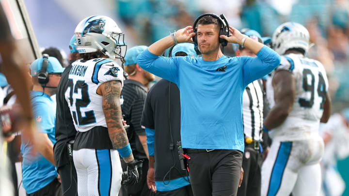 Sep 7, 2025; Jacksonville, Florida, USA; Carolina Panthers head coach Dave Canales on the sidelines against the Jacksonville Jaguars during the second half at EverBank Stadium. Mandatory Credit: Nathan Ray Seebeck-Imagn Images