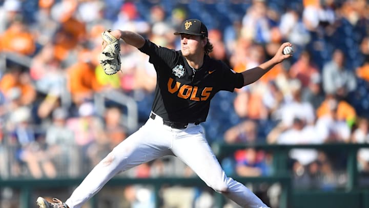 Tennessee's Zander Sechrist (48) throws a pitch during game three of the NCAA College World Series finals between Tennessee and Texas A&M at Charles Schwab Field in Omaha, Neb., on Monday, June 24, 2024. Tennessee's Zander Sechrist (48) throws a pitch during game three of the NCAA College World Series finals between Tennessee and Texas A&M at Charles Schwab Field in Omaha, Neb., on Monday, June 24, 2024.