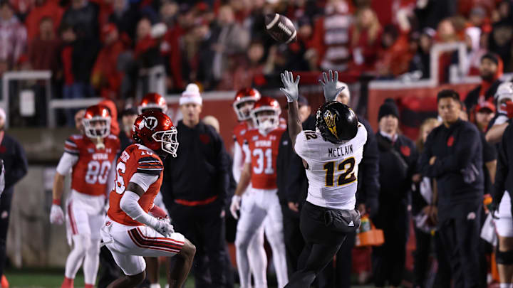 Oct 11, 2025; Salt Lake City, Utah, USA; Arizona State Sun Devils wide receiver Malik McClain (12) attempts a catch against Utah Utes cornerback Blake Cotton (16) during the third quarter at Rice-Eccles Stadium. Mandatory Credit: Rob Gray-Imagn Images Oct 11, 2025; Salt Lake City, Utah, USA; Arizona State Sun Devils wide receiver Malik McClain (12) attempts a catch against Utah Utes cornerback Blake Cotton (16) during the third quarter at Rice-Eccles Stadium. Mandatory Credit: Rob Gray-Imagn Images
