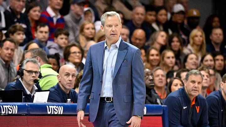 Jan 17, 2026; Dallas, Texas, USA; Virginia Cavaliers head coach Ryan Odom looks on during the first half against the SMU Mustangs at Moody Coliseum. Mandatory Credit: Jerome Miron-Imagn Images