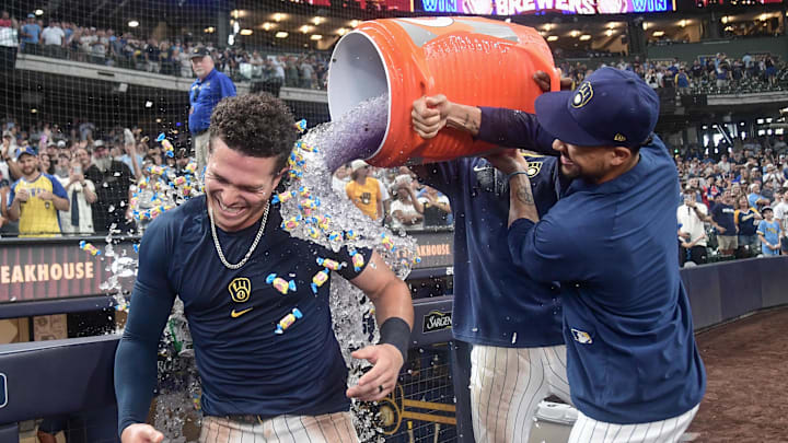 Aug 10, 2025; Milwaukee, Wisconsin, USA; Milwaukee Brewers left fielder Isaac Collins (6) gets a postgame dunk after hitting a walk-off home run against the New York Mets at American Family Field. Aug 10, 2025; Milwaukee, Wisconsin, USA; Milwaukee Brewers left fielder Isaac Collins (6) gets a postgame dunk after hitting a walk-off home run against the New York Mets at American Family Field.
