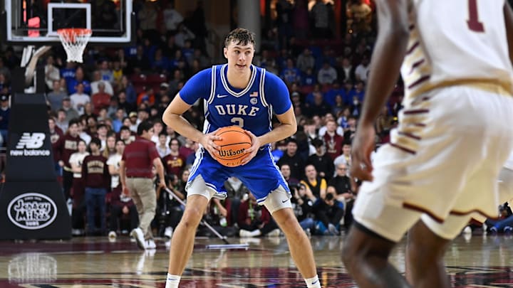 Jan 18, 2025; Chestnut Hill, Massachusetts, USA; Duke Blue Devils guard Cooper Flagg (2) looks to pass the ball during the second half against the Boston College Eagles at Conte Forum. Mandatory Credit: Eric Canha-Imagn Images