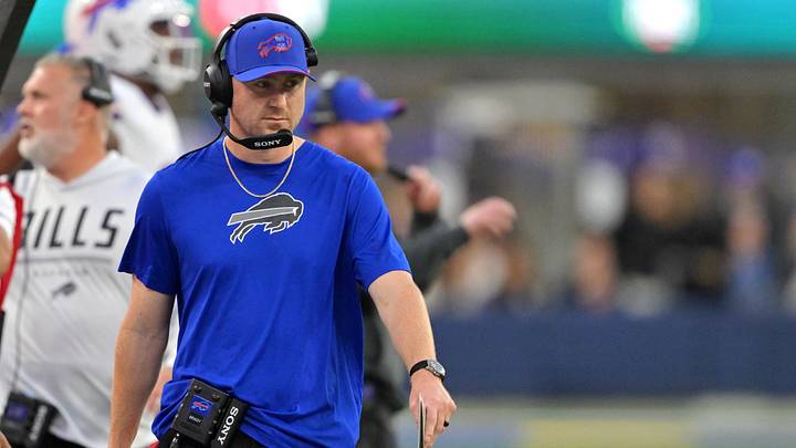 Oct 12, 2026; Inglewood, California, USA;  Buffalo Bills head coach Joe Brady looks on during the first quarter against the Los Angeles Rams at SoFi Stadium.  Mandatory Credit: Jayne Kamin-Oncea-Imagn Images
