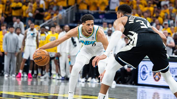 Apr 29, 2025; Indianapolis, Indiana, USA; Indiana Pacers guard Tyrese Haliburton (0) dribbles the ball while Milwaukee Bucks forward Giannis Antetokounmpo (34) defends during game five of the first round for the 2024 NBA Playoffs at Gainbridge Fieldhouse. Mandatory Credit: Trevor Ruszkowski-Imagn Images Apr 29, 2025; Indianapolis, Indiana, USA; Indiana Pacers guard Tyrese Haliburton (0) dribbles the ball while Milwaukee Bucks forward Giannis Antetokounmpo (34) defends during game five of the first round for the 2024 NBA Playoffs at Gainbridge Fieldhouse. Mandatory Credit: Trevor Ruszkowski-Imagn Images