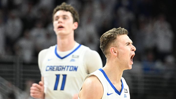 Feb 20, 2024; Omaha, Nebraska, USA; Creighton Bluejays guard Steven Ashworth (1) reacts after making