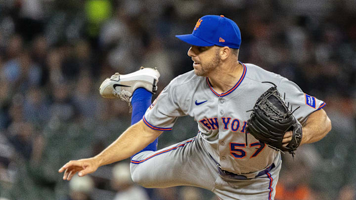 Sep 2, 2025; Detroit, Michigan, USA; New York Mets pitcher Kevin Herget (57) pitches in the seventh inning against the Detroit Tigers at Comerica Park. Mandatory Credit: David Reginek-Imagn Images