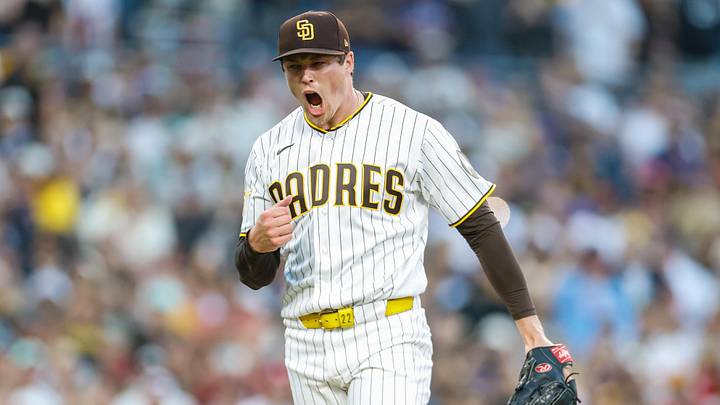 May 9, 2026; San Diego, California, USA; San Diego Padres relief pitcher Mason Miller (22) celebrates after defeating the St. Louis Cardinals at Petco Park. Mandatory Credit: David Frerker-Imagn Images