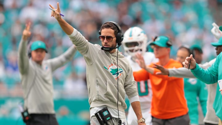 Miami Dolphins head coach Mike McDaniel reacts on the sidelines against the New Orleans Saints during the second half at Hard Rock Stadium. 