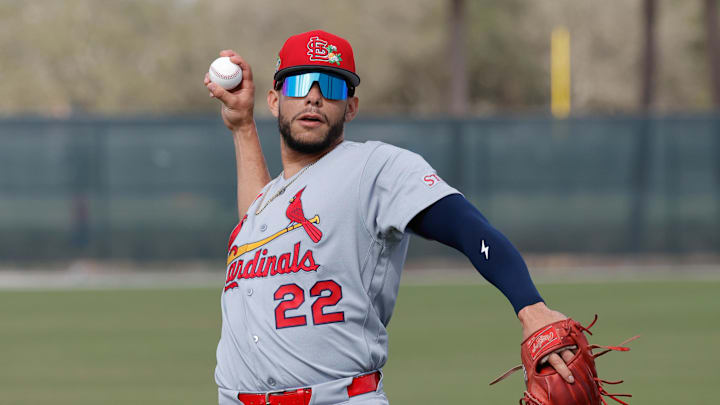 Feb 16, 2026; Jupiter, FL, USA;  St. Louis Cardinals outfielder Joshua Baez (22) throws a ball during spring training workouts at Roger Dean Stadium. Mandatory Credit: Reinhold Matay-Imagn Images