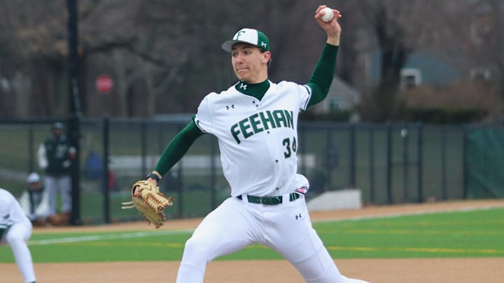 Bishop Feehan's Brody Bumila, a Raynham resident, tosses a pitch during a non-league game against Hopkinton on April 2, 2026. Bishop Feehan's Brody Bumila, a Raynham resident, tosses a pitch during a non-league game against Hopkinton on April 2, 2026.