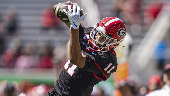 Apr 12, 2025; Athens, GA, USA; Georgia Bulldogs wide receiver Talyn Taylor (11) tries to make a catch during the Georgia Spring game at Sanford Stadium. Mandatory Credit: Dale Zanine-Imagn Images