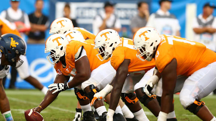 Sep 1, 2018; Charlotte, NC, USA; The Tennessee Volunteers offensive line waits for the snap against the West Virginia Mountaineers at Bank of America Stadium. Mandatory Credit: Jeremy Brevard-USA TODAY Sports