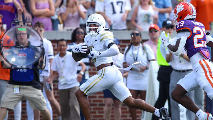 Sep 13, 2025; Atlanta, Georgia, USA; Georgia Tech Yellow Jackets wide receiver Eric Rivers (3) runs after a catch against the Clemson Tigers in the first quarter at Bobby Dodd Stadium at Hyundai Field. Mandatory Credit: Brett Davis-Imagn Images
