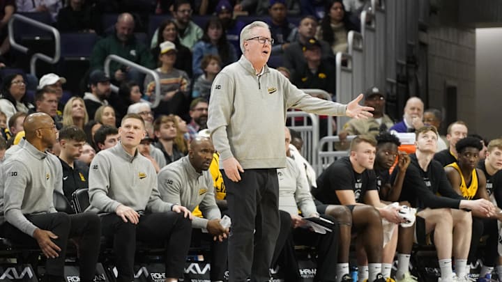 Feb 28, 2025; Evanston, Illinois, USA; Iowa Hawkeyes head coach Fran McCaffery gestures to his team against the Northwestern Wildcats during the first half at Welsh-Ryan Arena. Mandatory Credit: David Banks-Imagn Images Feb 28, 2025; Evanston, Illinois, USA; Iowa Hawkeyes head coach Fran McCaffery gestures to his team against the Northwestern Wildcats during the first half at Welsh-Ryan Arena. Mandatory Credit: David Banks-Imagn Images