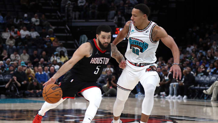 Jan 30, 2025; Memphis, Tennessee, USA; Houston Rockets guard Fred VanVleet (5) drives to the basket as Memphis Grizzlies guard Desmond Bane (22) defends during the third quarter at FedExForum. Mandatory Credit: Petre Thomas-Imagn Images Jan 30, 2025; Memphis, Tennessee, USA; Houston Rockets guard Fred VanVleet (5) drives to the basket as Memphis Grizzlies guard Desmond Bane (22) defends during the third quarter at FedExForum. Mandatory Credit: Petre Thomas-Imagn Images