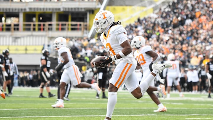 Nov 30, 2024; Nashville, Tennessee, USA;  Tennessee Volunteers defensive back Jermod McCoy (3) celebrates the interception against the Vanderbilt Commodores during the first half at FirstBank Stadium. Mandatory Credit: Steve Roberts-Imagn Images