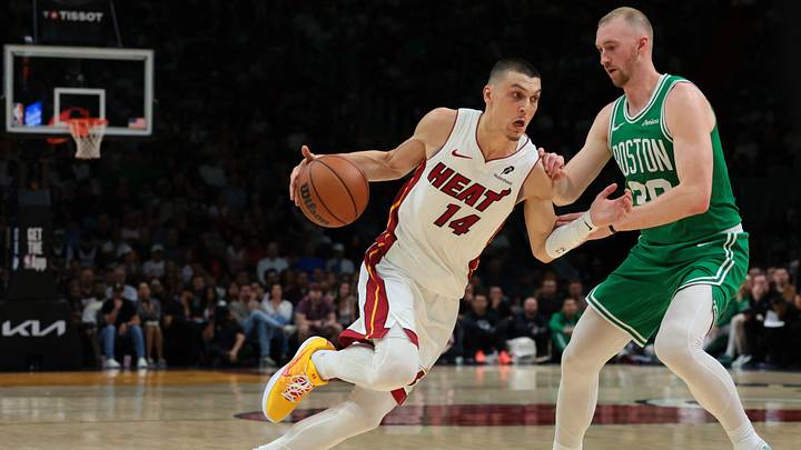 Apr 1, 2026; Miami, Florida, USA; Miami Heat guard Tyler Herro (14) drives to the basket against Boston Celtics forward Sam Hauser (30) during the second quarter at Kaseya Center. Mandatory Credit: Sam Navarro-Imagn Images Apr 1, 2026; Miami, Florida, USA; Miami Heat guard Tyler Herro (14) drives to the basket against Boston Celtics forward Sam Hauser (30) during the second quarter at Kaseya Center. Mandatory Credit: Sam Navarro-Imagn Images