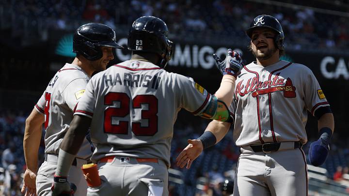 Apr 23, 2026; Washington, District of Columbia, USA; Atlanta Braves third baseman Austin Riley (27) celebrates with Braves first baseman Matt Olson (28) and Braves center fielder Michael Harris II (23) after scoring a run on a two run single by Braves second baseman Ozzie Albies (not pictured) against the Washington Nationals during the seventh inning at Nationals Park. Mandatory Credit: Geoff Burke-Imagn Images Apr 23, 2026; Washington, District of Columbia, USA; Atlanta Braves third baseman Austin Riley (27) celebrates with Braves first baseman Matt Olson (28) and Braves center fielder Michael Harris II (23) after scoring a run on a two run single by Braves second baseman Ozzie Albies (not pictured) against the Washington Nationals during the seventh inning at Nationals Park. Mandatory Credit: Geoff Burke-Imagn Images