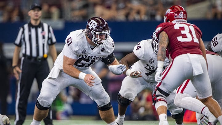 Sep 25, 2021; Arlington, Texas, USA; Texas A&M Aggies offensive lineman Bryce Foster (61) in